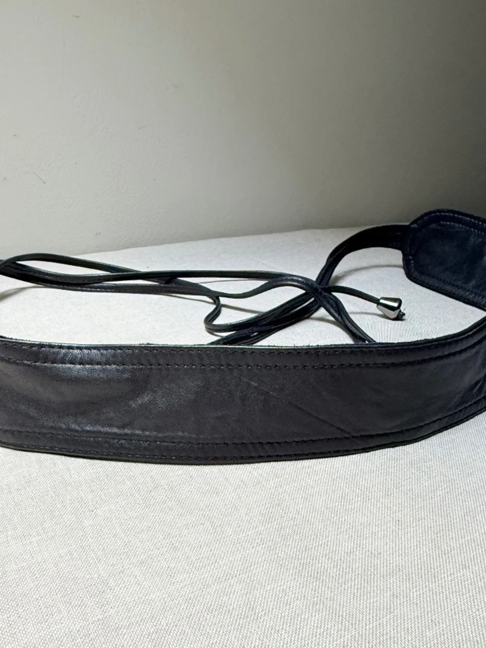Black Faux Leather Obi Belt With Silver Beads